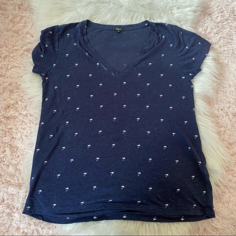 RAILS Cara Navy Palms Palm Tree Print V-Neck Tee Shirt Short Sleeve XS Linen